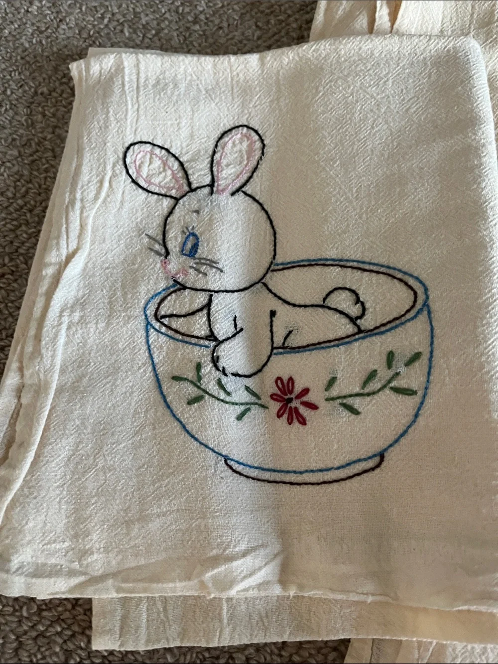 Set of 7 Vintage Hand Embroidered Bunny Tea Towels - Cream with Pastel Accents